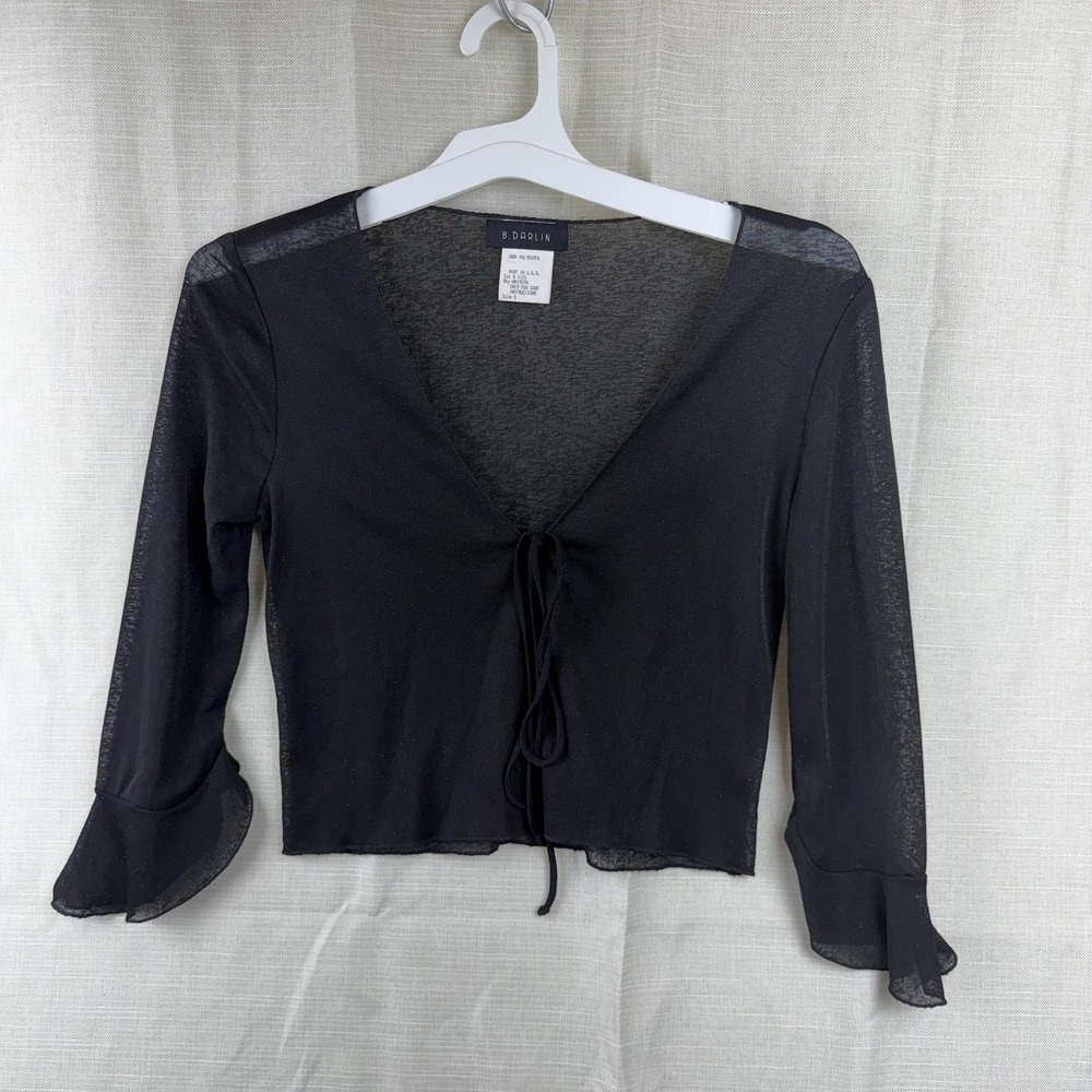 B. Darlin Blouse Womens Small Black Sheer V Neck Tie Front Bell Sleeve Cropped